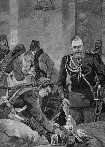 Cólera en Rusia en 1892: Alejandro III, Emperador de Rusia y su esposa María Feodorovna, visitan un hospital. Grabado de 1892 de Unknown artist