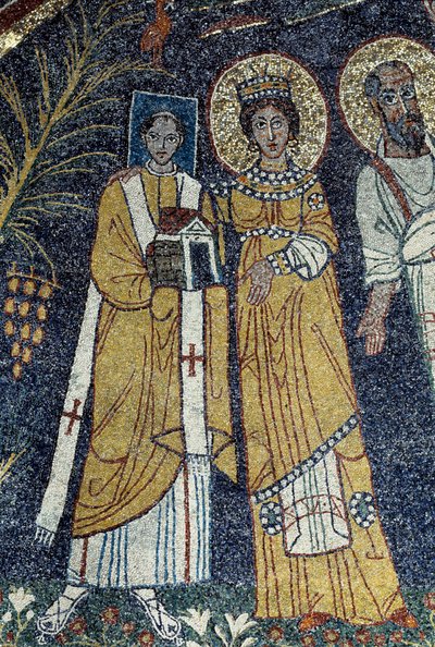 Cristo entre San Pablo, Santa Cecilia, San Pascual, San Pedro, San Valeriano y Santa Ágata (Mosaico, 821) de Unknown artist