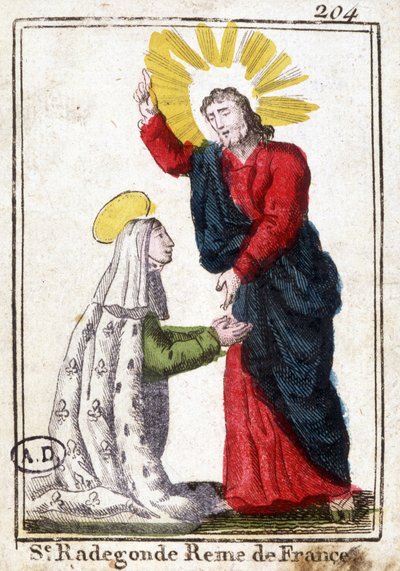 Cristo y Santa Radegunda (ca. 520 - 587), Reina de Francia, esposa de Clotario I. Imagen piadosa. Grabado de principios del siglo XIX. Biblioteca de Artes Decorativas de París de Unknown artist