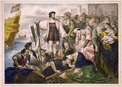 Cristóbal Colón y los hermanos Pinzón saliendo del puerto de Palos en España el 03/08/1492 hacia el Nuevo Mundo. Grabado de la 2ª mitad del siglo XIX. de Unknown artist