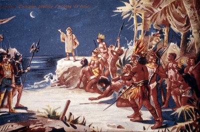 Cristóbal Colón predice el eclipse de luna a los indios. Cromolitografía del siglo XIX de Unknown artist