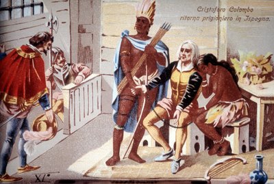 Cristóbal Colón regresa prisionero a España. Cromolitografía del siglo XIX de Unknown artist