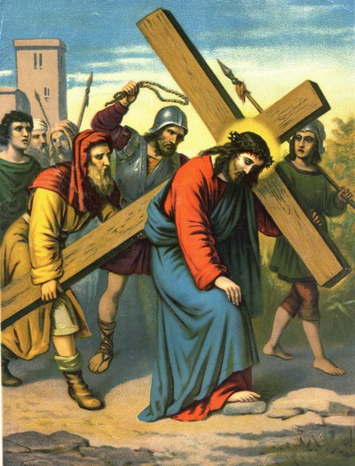 Cromolitografía de finales del siglo XIX que representa la vida de Cristo: Jesús cargando su cruz de Unknown artist