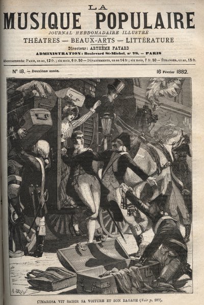 Cimarosa ve su coche y equipaje confiscados - Domenico Cimarosa (1749-1801), compositor italiano del siglo XVIII - grabado en 