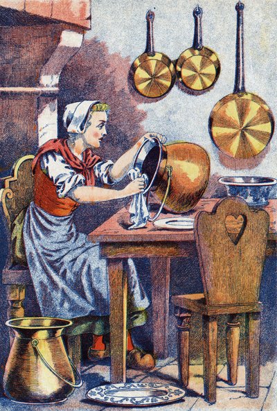 Cenicienta en su cocina, Ilustración para “Cenicienta”, cuento de Charles Perrault (1628-1703), escritor francés. Ilustración anónima. de Unknown artist