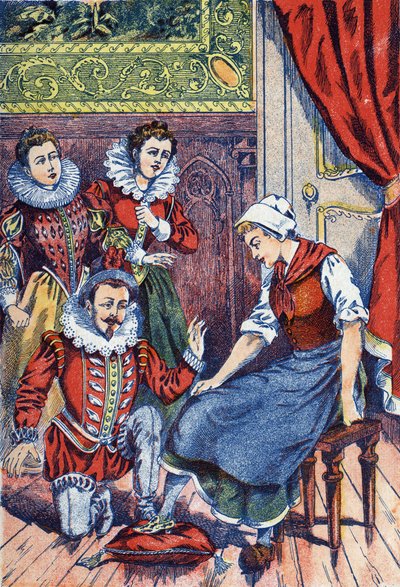 Cenicienta prueba la zapatilla. Ilustración anónima para "Cenicienta", cuento de Charles Perrault (1628-1703), escritor francés. Imágenes Marcel Vagne, Jarville Nancy, sin fecha (finales del siglo XIX) de Unknown artist