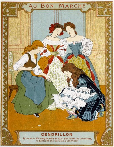 Cenicienta prueba la zapatilla de vair - etiqueta publicitaria de Bon Marché de Unknown artist