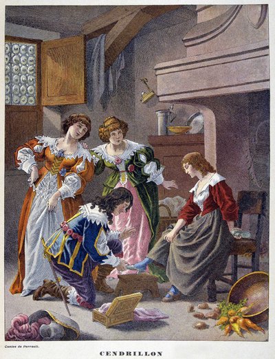 Cenicienta prueba la zapatilla de cristal - en “Cuentos de Perrault” de Unknown artist