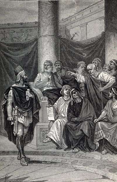 Cineas importante consejero del Rey Pirro tratando de negociar con los romanos después de la Batalla de Heraclea 280 a.C., Grabado 1884 de Unknown artist