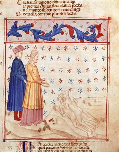 Círculo de los Traidores: Dante y Virgilio se encuentran con Ugolino della Gherardesca, tirano de Pisa y condenado por traición a la patria, golpea la cabeza del Arzobispo Ruggeri. Página iluminada que ilustra el canto 33 del Infierno de la 