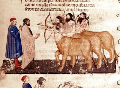 Círculo de los Violentos: Dante y Virgilio se encuentran con Centauros armados con arcos y flechas. Página iluminada que ilustra el séptimo canto del Infierno de la 