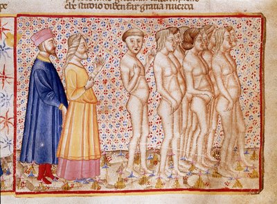 Círculo de violentos contra Dios, la naturaleza y el arte: Dante y Virgilio encuentran blasfemos. Página iluminada que ilustra un canto del Infierno de la 