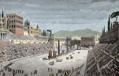 Circo Máximo - El gran circo o circo Máximo, en Roma, con una carrera de carros - Grabado en color de Unknown artist