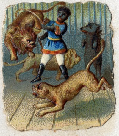 Circo: un domador en una jaula con animales salvajes. de Unknown artist