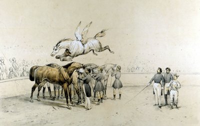 Espectáculo de circo: un caballo alado salta sobre tres caballos con los ojos vendados. de Unknown artist