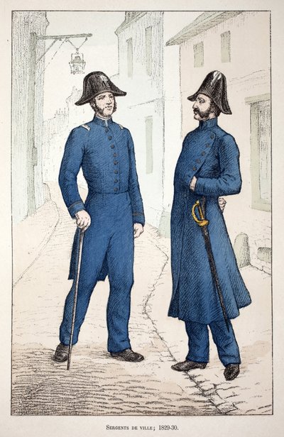 Sargentos de la ciudad (1829-1830). Ilustración de “Histoire du corps des gardiens de la paix” libro publicado bajo los auspicios de Louis Lepine (1846-1933), prefecto de policía de la Seine, por Alfred Rey (1864-?) y Louis Feron (1862-?) de Unknown artist