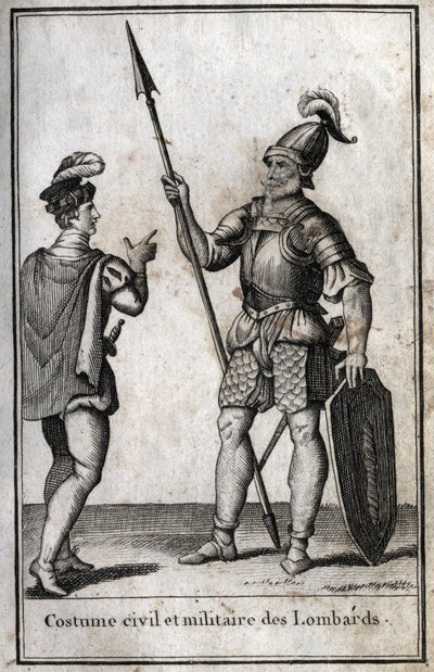 Traje civil y militar de los lombardos (Lombardía) en la Edad Media. Grabado en “Beaute de l