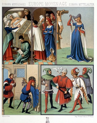 Trajes civiles en la Edad Media del siglo XIV al XV. En “El traje histórico” de A. Racquet de Unknown artist
