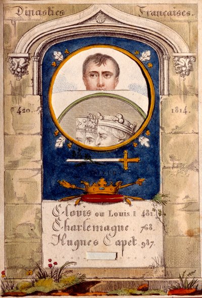 Propaganda clandestina contra el emperador Napoleón I (1769-1821), su retrato está representado sobre el de Clovis, Carlomagno y Hugo Capeto de Unknown artist