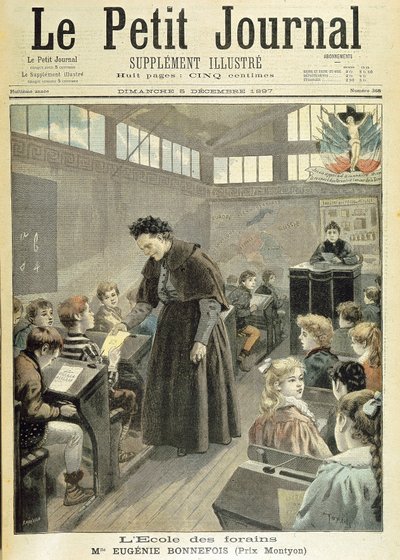 Aula de la escuela de la feria: Premio Montyon a Eugénie Bonnefois - en “Le petit journal” del 5 de diciembre de Unknown artist