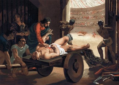 Claudio Galeno (Klaudios Galenos o Claudio Galeno o Claudius Galenus o Galen, v. 131 - v. 201), médico griego tratando a un gladiador. Barcelona 1881 de Unknown artist