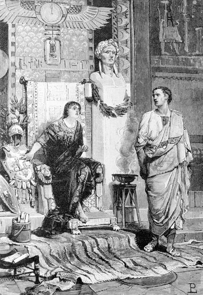 Cleopatra (69 a.C. - 30 a.C.), Reina de Egipto y Octavio, vino a hablar con ella después de la derrota de Actium y la muerte de Marco Antonio. Grabado del siglo XIX. Storia d