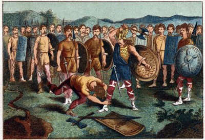 Clodoveo (465-511) y el guerrero franco que rompió el Vaso de Soissons en 486 - Clodoveo I derribando al soldado que había roto el Vaso de Soissons, en 486. Cromolitografía del siglo XIX de Unknown artist