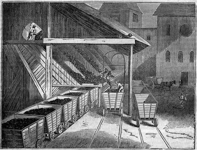 Mina de carbón: el carbón, extraído de la mina, se carga en carros hacia fundiciones, trenes y barcos. En "La tienda pintoresca" 1835 de Unknown artist