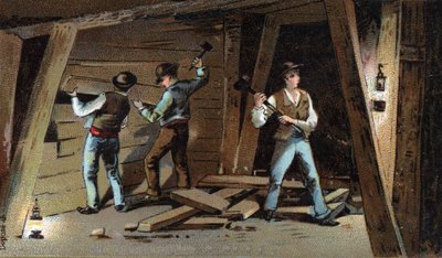 Mina de carbón en Francia a finales del siglo XIX: Galería de madera. Cromolitografía de finales del siglo XIX de Unknown artist
