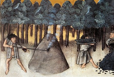Minería del carbón, Miniatura tomada de De natura rerum, de Thomas de Cantimpré (1201-1272) siglo XIII Granada. Biblioteca Universitaria de Unknown artist