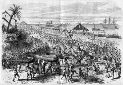Cochinchina: procesión anual del dragón organizada por la congregación de Saigón en 1865. de Unknown artist