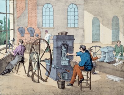 Fabricación de monedas: trabajadores en una fábrica en varias etapas, fundiendo y acuñando monedas. Grabado del siglo XIX de Unknown artist