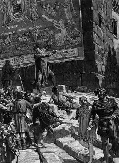 Cola di Rienzo (1314-1354), en la campaña para convertirse en tribuno del pueblo romano, explica al pueblo de Roma los frescos que había instalado en el Capitolio simbolizando la agonía de Roma en un mar desencadenado rodeado por Troya, Jerusalén, Cartago  de Unknown artist