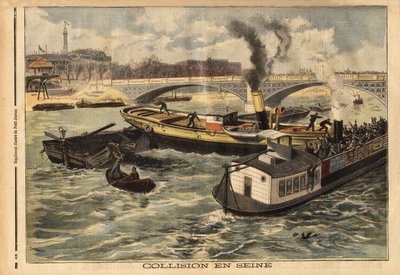 Colisión en el Sena entre un barco de vapor inglés y una barcaza ómnibus de París, a la altura del puente real. Grabado en 