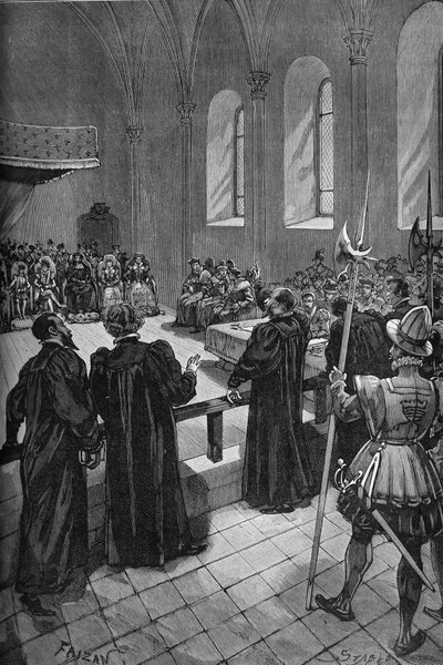 Coloquio de Poissy (1561). Discurso del calvinista suizo Theodore de Beze (1519-1605) (centro, de espaldas), jefe de la delegación protestante. de Unknown artist