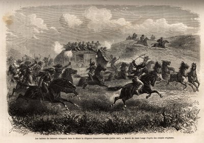 Indios de Colorado atacando diligencia transcontinental en el desierto en julio de 1867. Grabado para ilustrar el viaje al lejano oeste americano, por M. L. Simonin, en 1867, publicado en 