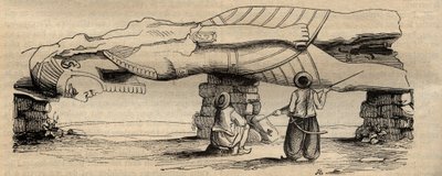 Coloso de Ramsés II encontrado en 1820, cerca de la puerta sur del templo de Ptah ubicado a unos treinta metros de distancia, por el viajero italiano Giovanni Battista Caviglia - grabado de 1838 - La Estatua de Ramsés II descubierta en 1820 por Giovanni B de Unknown artist