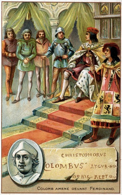Colón (con las manos atadas) llevado ante Fernando - Cromolitografía del siglo XIX de Unknown artist