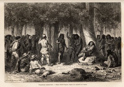 Propuestas comerciales entre los indios Siriniris y los miembros de la expedición, organización del intercambio de cuchillos y agujas por plumas de aves ensartadas en una ramita de vid y aras, en el pueblo de Huatinmio, ubicado en las alturas del Car de Unknown artist