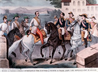 Conferencia de Villafranca, encuentro entre el emperador francés Napoleón III y el emperador Francisco José I, sobre la paz preliminar de Austria (1859) de Unknown artist