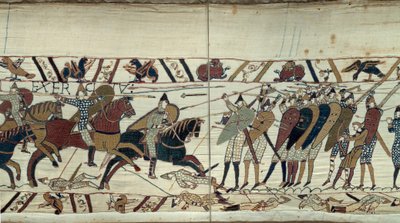 Conquista de Inglaterra por Guillermo el Conquistador (1027-1087) en 1066, escena de combate entre la caballería normanda cargando contra la infantería sajona del rey Harold II de Inglaterra (detalle) Tapiz de Bayeux o Bordado de la Reina Matilde de Unknown artist
