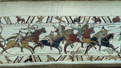 Conquista de Inglaterra por el Duque de Normandía Guillermo el Conquistador en 1066: la caballería normanda cargó en la Batalla de Hastings (detalle del Tapiz de Bayeux o Bordado de la Reina Matilde) de Unknown artist