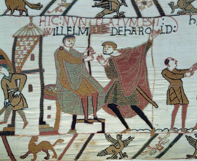 Conquista de Inglaterra por el Duque de Normandía Guillermo el Conquistador (1027-1087) en 1066: un vigía informa a Guillermo sobre los hechos de Harold II en la Batalla de Hastings (detalle del Tapiz de Bayeux o Bordado de la Reina Matilde) de Unknown artist