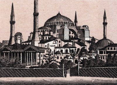Constantinopla, Turquía: vista de la mezquita de Santa Sofía (Hagia Sophia o Haghia Sophia). en "El mundo ilustrado 168 vistas" Sin fecha (finales del siglo XIX) de Unknown artist