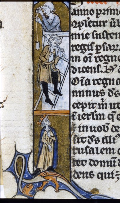 Construcción de un monasterio: trabajadores y rey supervisor. Iluminación de un manuscrito de mediados del siglo XIII. Biblioteca Trivulziana de Unknown artist