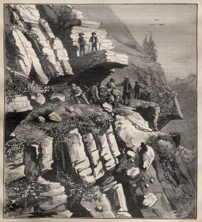 Construcción de una carretera de montaña en los Alpes - Grabado en “La Science française” de Unknown artist