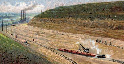 Construcción del Canal de Albert en los años 30, que conecta el puerto de Lieja con el puerto de Amberes, Bélgica (Excavación del Canal de Albert en los años 30 (treinta) entre Amberes y Lieja, Bélgica) Cromolitografía de Unknown Artist