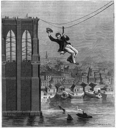 Construcción del Puente de Brooklyn en Nueva York: Sr. Farrington, jefe mecánico de construcción, moviéndose de un pilote a otro usando el primer cable estirado (25 de agosto) de Unknown artist
