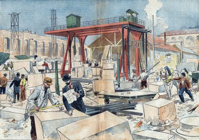 Construcción del Grand Palais, en París en 1898, con motivo de la Exposición Universal de 1900. En el centro, la rueda de diamante para cortar piedras. Ilustración en “Le Pelerin” del 3 de julio. de Unknown artist