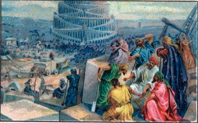 Construcción de la Torre de Babel. Cromolitografía de finales del siglo XIX. de Unknown artist